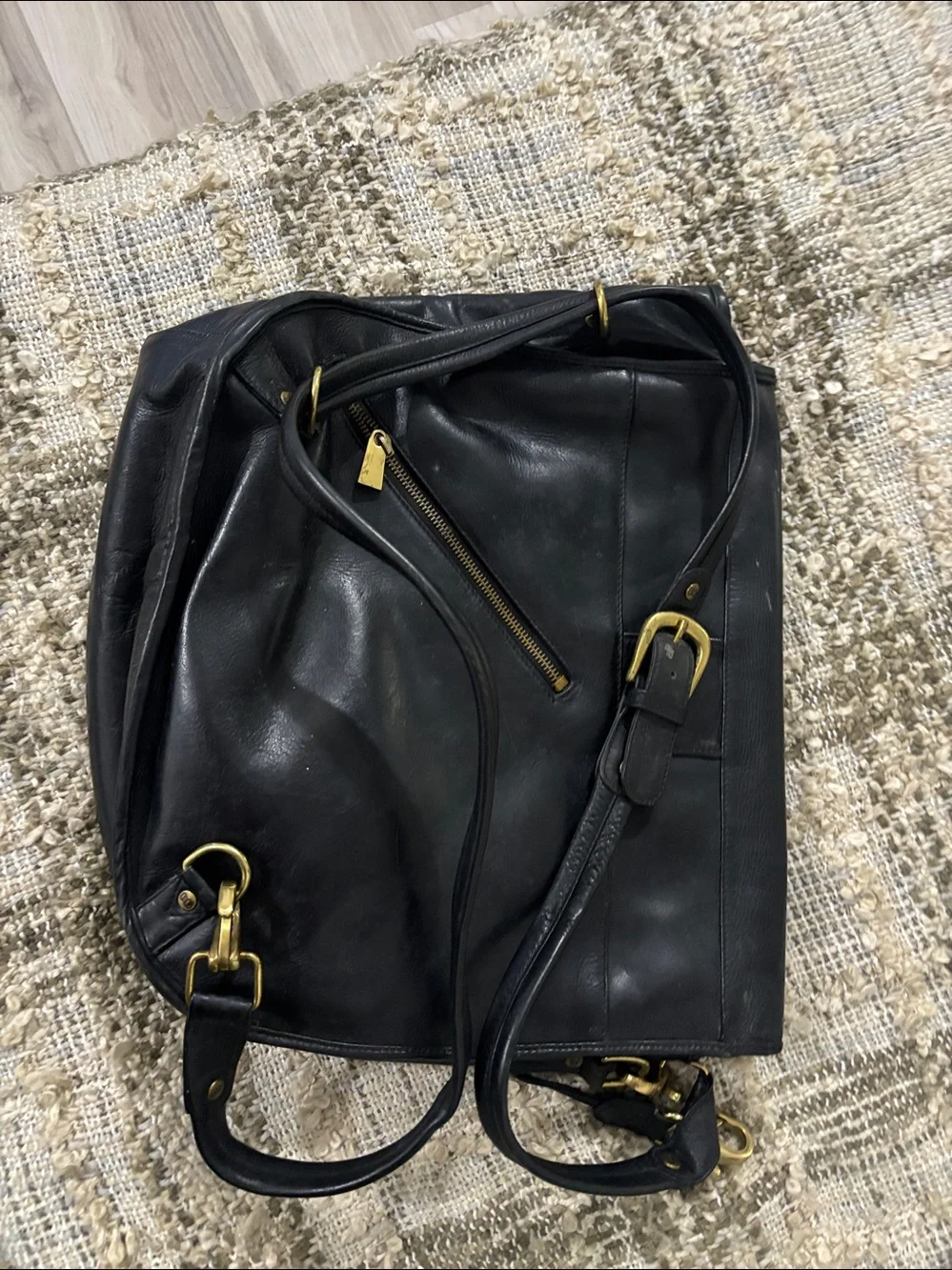 Wilson Leather Black Men's Convertible Messenger Backpack Bag with Brass Buckle